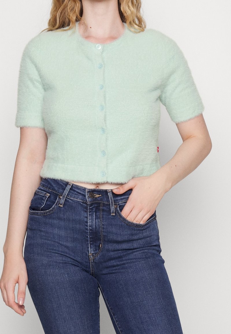 Mátově zelený krátký kardigan s krátkými rukávy, kulatým výstřihem a světle modrými knoflíky. Měkká, nadýchaná textura s přiléhavým střihem. Džíny nošené níže.