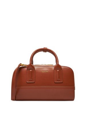 Brązowa skórzana torebka z podwójnymi zaokrąglonymi uchwytami, złotym zamkiem błyskawicznym oraz logo „GINO ROSSI” umieszczonym na środku przedniego panelu.