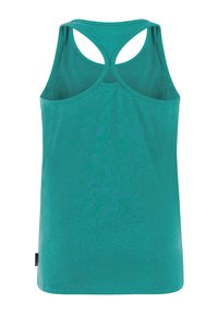 Petrolejový tielkový top s hladkým povrchom, dizajnom racerback a čistým prešitím. Na bočnom leme má malú značku s logom.