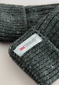 Dark gray knitted beanie with a ribbed texture. Features a white label displaying "3M THINSULATE" for insulation.