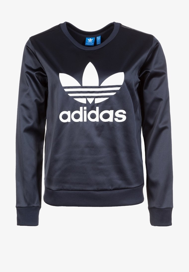 Navy sweatshirt made of smooth synthetic fabric, featuring a large white Adidas logo and three horizontal stripes on the chest, ribbed cuffs, and hem.