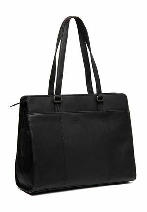 Sac fourre-tout en cuir noir avec deux poignées, texture lisse et design structuré. Présente des coutures discrètes et un logo à l'avant.