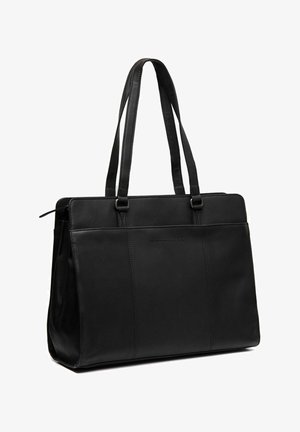 Zwarte leren tote bag met dubbele handvatten, een gladde textuur en een gestructureerd ontwerp. Kenmerkt zich door subtiele stiksels en een logo-detail aan de voorkant.