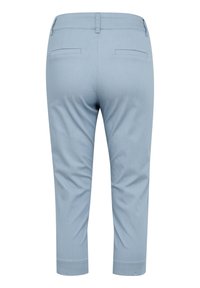 Light blue tailored trousers with a smooth texture, cropped length, back pockets, and a sleek waistband design.