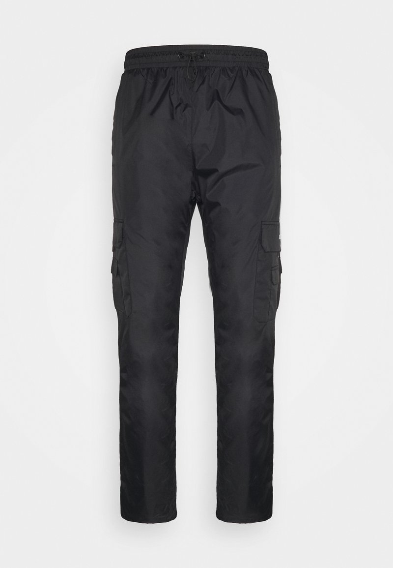 Pantalon cargo léger noir avec taille élastique et cordon, doté de poches latérales à rabat sur les deux jambes.