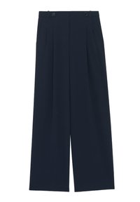 Pantalons navy à jambes larges avec doubles plis avant, dotés de deux boutons avant et d'une silhouette ajustée, confectionnés dans un tissu lisse.