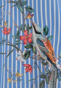 Oiseau coloré perché sur des branches fleuries avec des feuilles vertes et un papillon sur un fond à rayures verticales bleues et blanches.