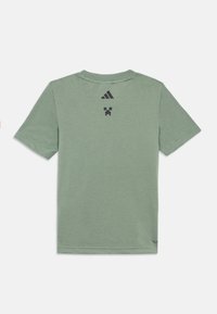 Svetlozelena majica s kratkimi rokavi, okroglim izrezom in črnim potiskanim logotipom in grafiko na hrbtni strani. Gladka bombažna tekstura.