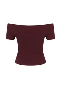 Burgundská žebrovaná blůza s odhalenými rameny. Krátké rukávy, přiléhavý střih a hladká textura. Jednoduchý design bez dalších vzorů nebo akcentů.