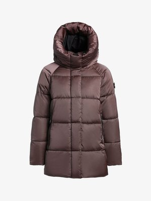 Ruda pūsta striukė su aukštu, sutrauktu apykakliu, rombo formos siuvinėtu raštu, priekinėmis kišenėmis užtrauktuku ir lygiu, blizgiu paviršiumi.