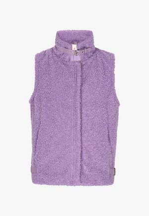 Lila ujjatlan mellény bolyhos anyagból, magas gallérral és elülső cipzárral. A befejező részletek között öv és texturált felület található.