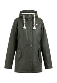 Olivgrön vattentät jacka med huva, med vita fransar, tryckknappar och två framfickor. Diskret logga på bröstet.
