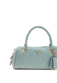 Sac à main en similicuir bleu clair avec motifs floraux embossés, détails en métal doré, double poignées et un porte-bijoux amovible.