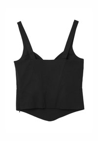 Schwarzes Cropped Top mit breiten Trägern, das ein strukturiertes Design, Nahtdetails und eine leichte Taillierung am Saum für eine figurbetonte Silhouette aufweist.