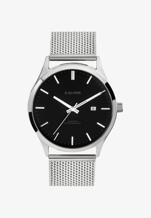 Montre en acier inoxydable argent avec un cadran noir, des index blancs et un indicateur de date. Bracelet en maille avec fermoir sécurisé. Résistante à l'eau jusqu'à 50 mètres.