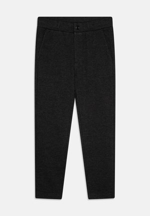 Sorte, skreddersydde bukser laget av strukturert stoff, med knappelukking og sidelommer, og en rett ben design.