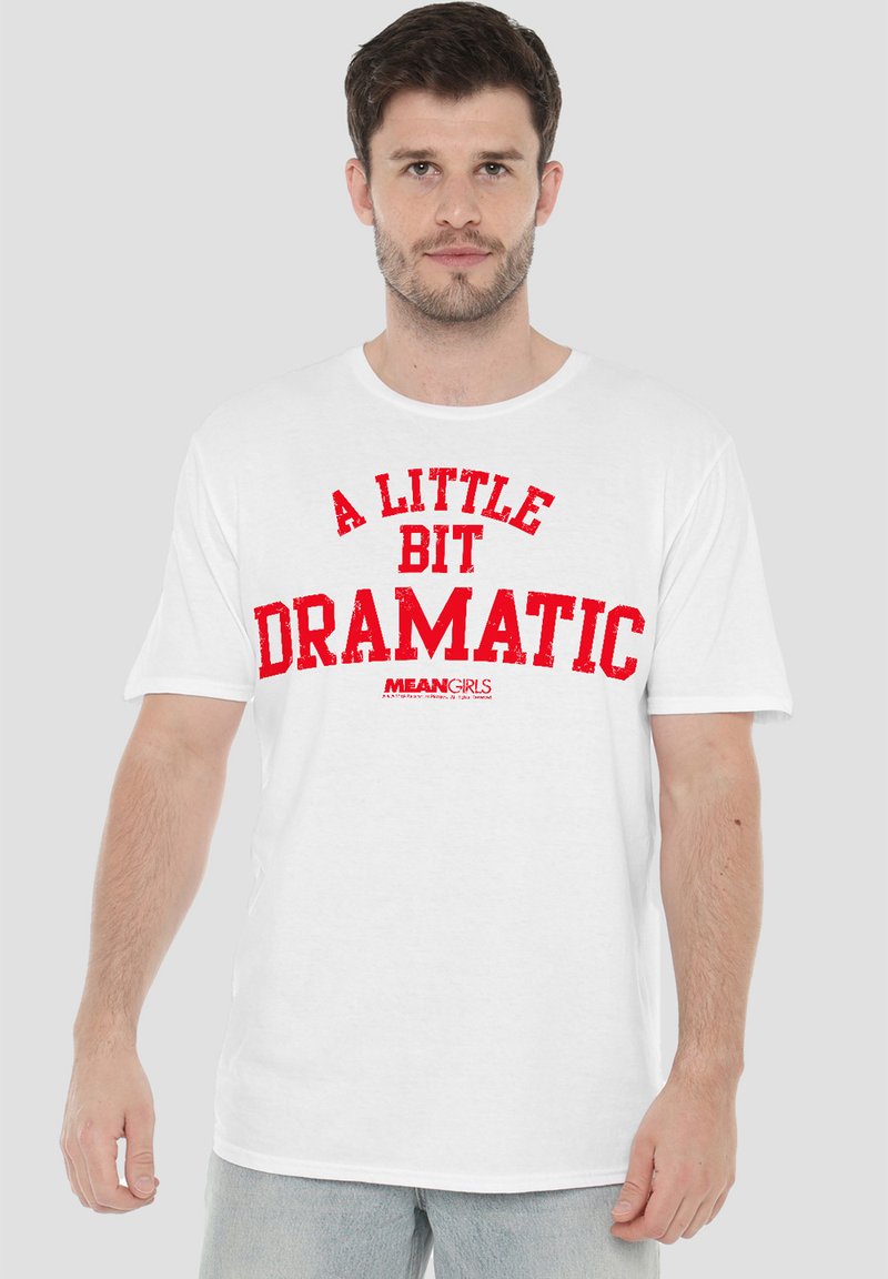 White cotton T-shirt featuring bold red lettering that reads "A LITTLE BIT DRAMATIC" with "MEAN GIRLS" logo underneath. Short sleeves, relaxed fit.