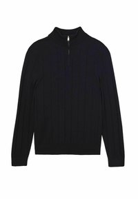 Czarny sweter z dzianiny z prążkowaną teksturą, wysokim kołnierzem i półzamkiem. Długie rękawy z dopasowanymi mankietami. Prosty design.