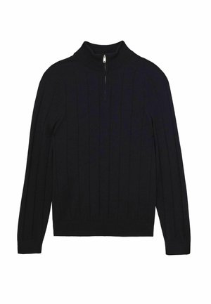 Czarny sweter z dzianiny z prążkowaną teksturą, wysokim kołnierzem i półzamkiem. Długie rękawy z dopasowanymi mankietami. Prosty design.