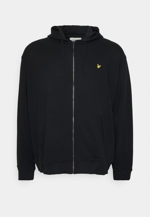 Sweat à capuche zippé noir avec cordon de serrage, poches avant et petit logo d'oiseau jaune sur la partie gauche de la poitrine.