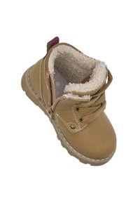 Tan läderstövel med fleecefoder, rund tå, snörning och sidodragkedja. Har en beige sula och kontrasterande sömnadsdetaljer.