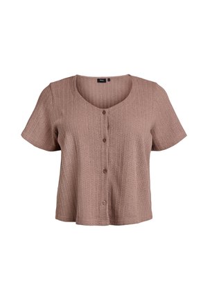 Short-sleeve, button-up shirt in a soft, textured, light brown fabric with a rounded neckline and a relaxed fit.
