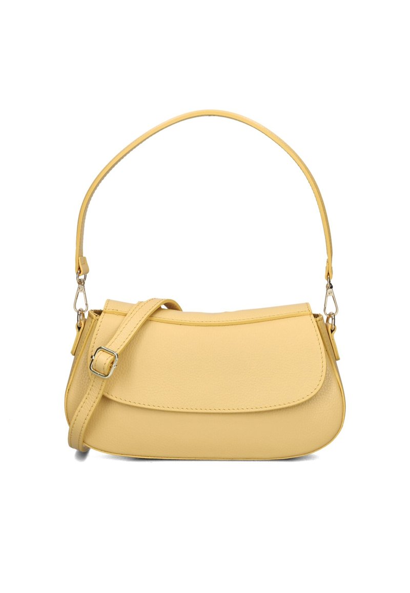 Geel leren handtas met een enkele bovenhandgreep en een afneembare, verstelbare schouderriem. Rondingvorm met een klepsluiting en stikdetails.
