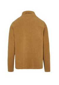 Fleecejacke in Mittelbraun mit hohem Kragen. Hat ein gesticktes Logo auf dem Rücken. Weiche Textur und entspannter Schnitt. Lange Ärmel.