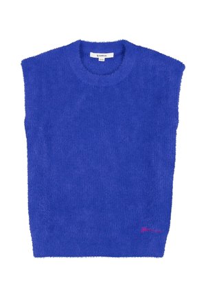 Blauer, flauschiger ärmelloser Pullover mit Rundhalsausschnitt und kleinem pinkfarbenem Logo nahe dem unteren Saum, Größe 52/54 von Garcia.