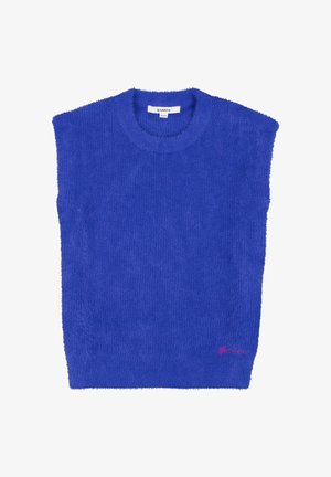 Blauer, flauschiger ärmelloser Pullover mit Rundhalsausschnitt und kleinem pinkfarbenem Logo nahe dem unteren Saum, Größe 52/54 von Garcia.