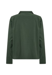Mørkegrøn langærmet skjorte med en afslappet pasform, der har krave og struktureret stof. Bagsiden er ensfarvet uden synligt hardware eller mønstre.