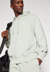 Light green hoodie made of soft cotton, featuring a front pocket, adjustable drawstring, and embroidered logo on the chest and sleeve.