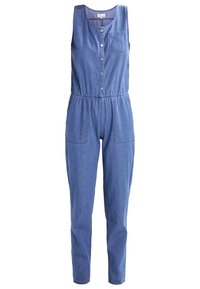 Combinaison sans manches en denim bleu avec fermeture à boutons sur le devant, taille élastique, poche poitrine et deux poches avant au niveau des hanches.