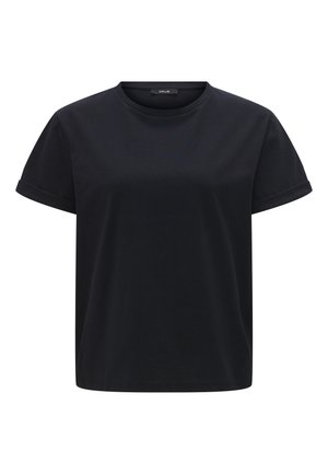 T-shirt noir à manches courtes avec un col rond, fabriqué en coton doux. Présente des revers aux manches et une coupe décontractée, convient pour un style casual.