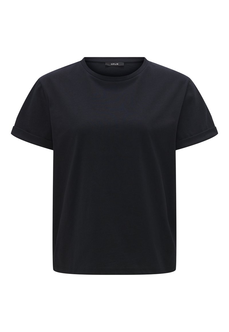 Schwarz, T-Shirt mit kurzen Ärmeln und rundem Ausschnitt, aus weicher Baumwolle gefertigt. Hat umgeschlagene Ärmel und eine lockere Passform, ideal für den Casual-Look.
