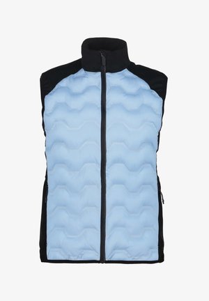 Gilet in piumino senza maniche con un frontale trapuntato azzurro chiaro e lati in tessuto nero, con colletto alto e chiusura con cerniera. Due tasche laterali.