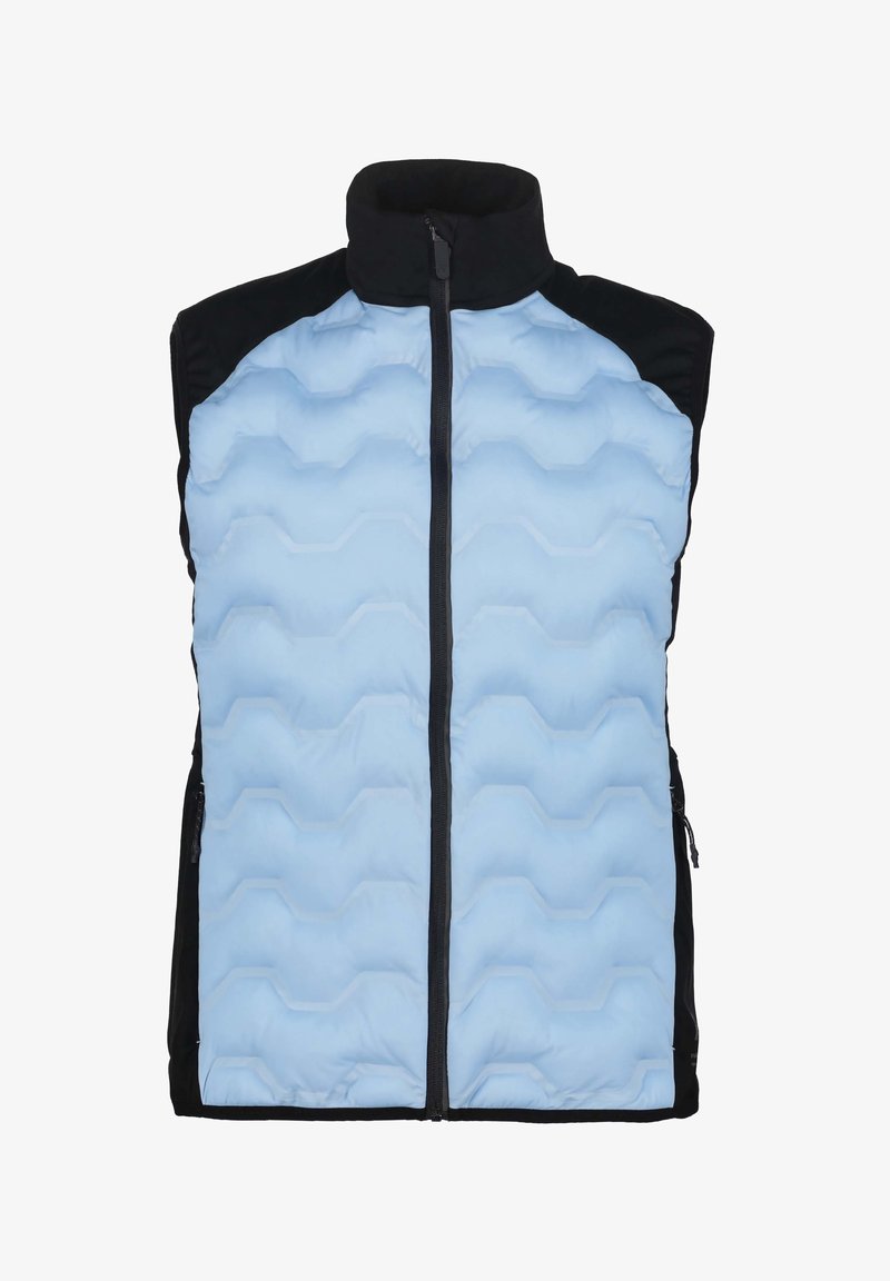 Chaleco sin mangas acolchado que presenta un frente acolchado de color azul claro y lados de tela negra, con un alto cuello y cierre de cremallera. Dos bolsillos laterales.