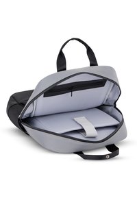 Black and gray laptop bag with a zippered opening, featuring a light gray interior, padded compartment, and a strap for secure holding.