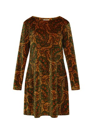 Abito a maniche lunghe realizzato in un morbido tessuto con un intricato motivo paisley nei toni del verde, arancione e oro, dotato di scollo arrotondato.