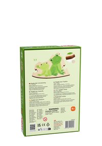 Wooden puzzle box featuring green frog designs on a light background. Includes images and text in multiple languages on the back.