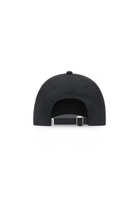 Black cap with a flat brim, made of fabric, featuring eyelets for ventilation, a snapback closure, and a label on the back.