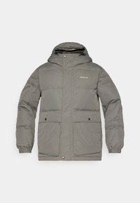 Gray padded jacket with a hood, featuring two front pockets, elasticized cuffs, and a zip closure. Made from a lightweight, water-resistant material.