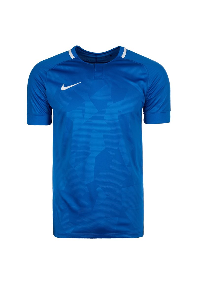 Sininen Nike urheilupaita lyhyillä hihoilla, jossa on teksturoitu geometrinen kuvio, pyöreä kaula-aukko ja valkoinen yksityiskohta kauluksessa.