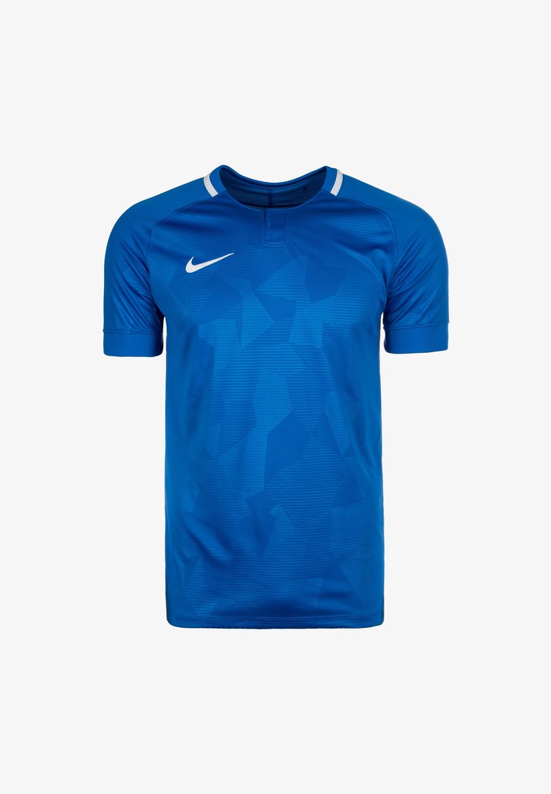 Sininen Nike urheilupaita lyhyillä hihoilla, jossa on teksturoitu geometrinen kuvio, pyöreä kaula-aukko ja valkoinen yksityiskohta kauluksessa.