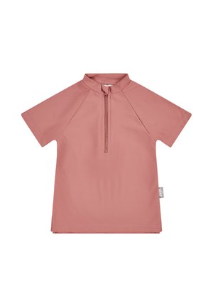 Kurzärmliges, pinkfarbenes Oberteil mit Reißverschluss und Stehkragen. Hergestellt aus glattem Stoff mit einer leicht dehnbaren Textur. Einfaches Design, ohne Muster oder Verzierungen.