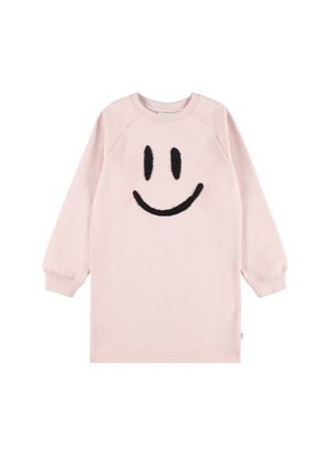 Lyserød sweatshirt-kjole med lange ærmer og sort, lodden smiley-design på fronten, ribstrikkede manchetter og rund halsudskæring.