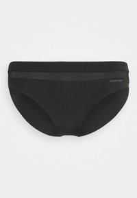 Black bikini brief made of smooth fabric, featuring a textured waistband with a subtle logo detail on the side. Classic shape and fit.