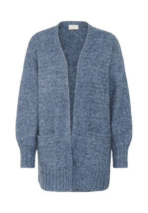 Cardigan en tricot bleu à coupe décontractée, avec devant ouvert et poignets côtelés. Texture douce avec un subtil motif chiné et deux poches avant.