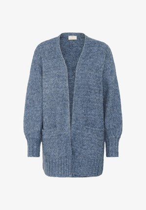 Blue knitted cardigan with a relaxed fit, open front, and ribbed cuffs. Soft texture with a subtle heather pattern and two front pockets.