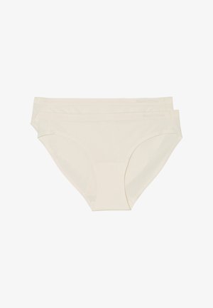 Beige cotton blend underwear with a smooth texture, mid-rise, and full coverage design. Pack includes two identical pairs.